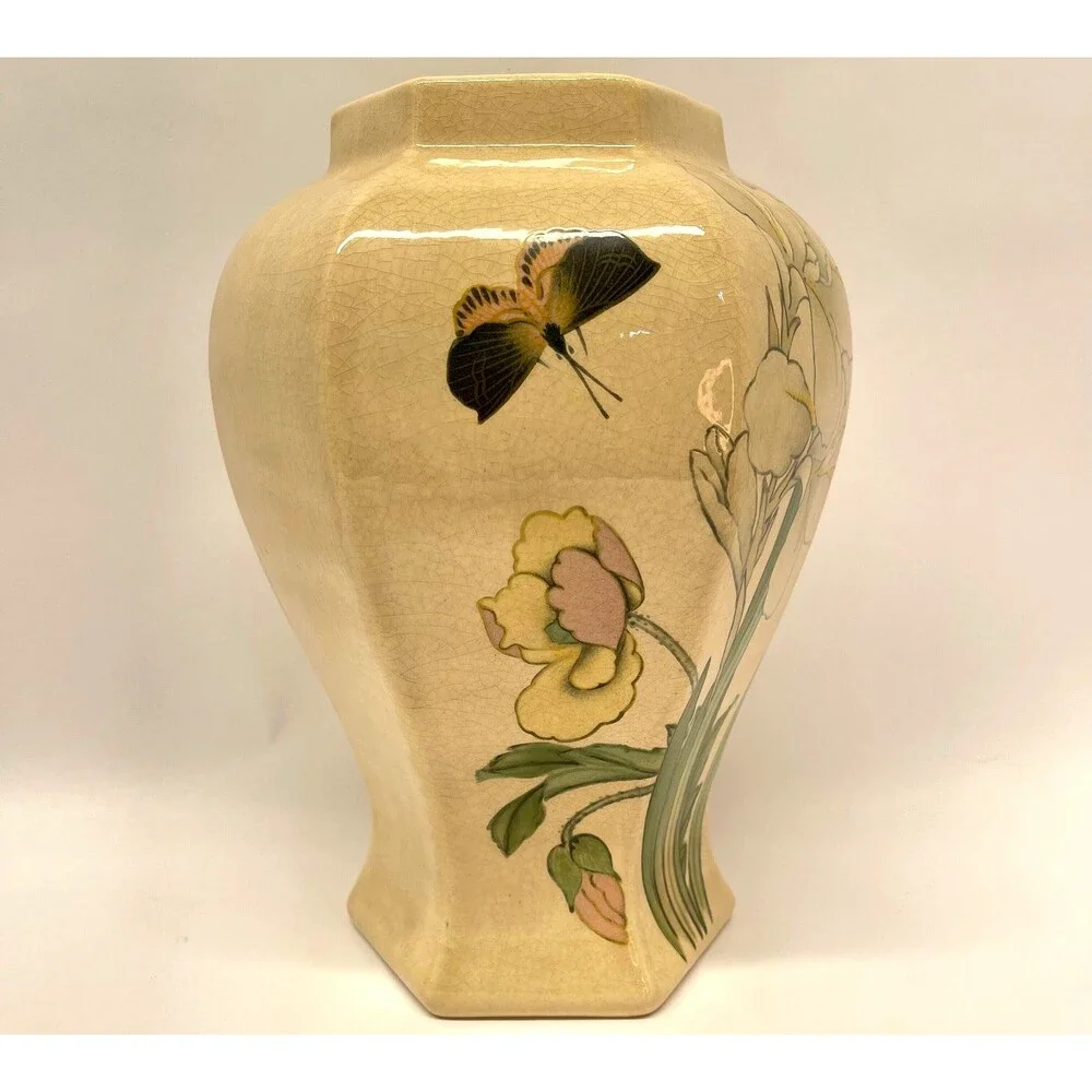 Vintage 10” Hand Decorated Iris Butterfly Ceramic Vase Signed Teri-Crazed Glaze